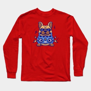 Cute Bulldog With Boombox Music Cartoon Long Sleeve T-Shirt